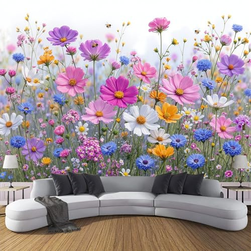 ANALTIRCE Papier Peint Intissé Champs Fleurs, Papier Peint Panoramique Motif Aquarelle Simple Fleurs, Fresque Murale 350× 256cm, Décoration Murale XXL Pour Salon, Chambre, Bureau