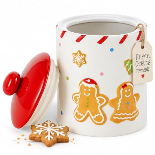 MIJOMA Vorratsdose Weihnachten aus Keramik 18 cm – Vorratsbehälter mit Deckel – Lebkuchenmann Deko – Aufbewahrung für Plätzchen Süßigkeiten Küche Winter – Keramik rot weiß