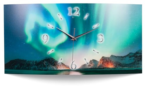 Kreative Feder „Polarlichter“ Designer-Wanduhr mit leisem Funkuhrwerk – Handarbeit Made in Germany (WA102, 80x40cm leises Funkuhrwerk)
