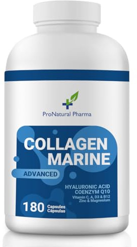 Colágeno Marino Hidrolizado + Ácido Hialurónico + Q10 | Con Zinc, Magnesio y Vitamina C | 180 Cápsulas (90 Días) | Cuidado de Articulaciones, Piel, Cabello y Uñas | ProNatural Pharma