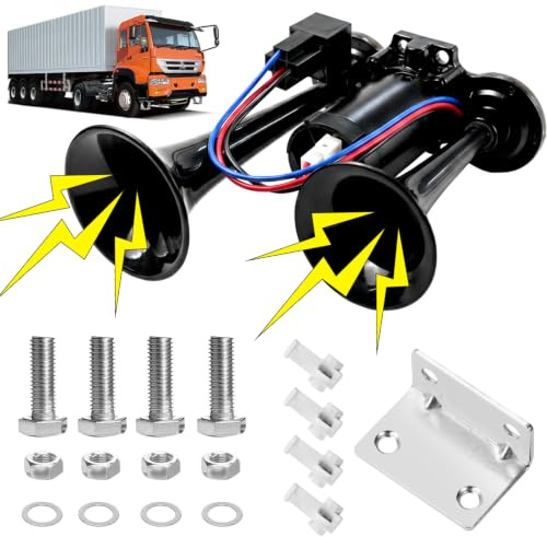 LKW Hupe 12V, 135DB LKW hupe, Doppelrohr Train Horn mit Kompressor, Lufthorn Druckluft Hupe Kit, für 12V Fahrzeuge LKW Lörries Züge Boote Cars Vans, Schwarz
