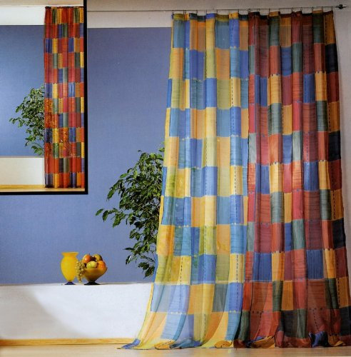heimtexland Vorhang, Fertiggardine, 1 Dekoschal aus duftigem, bedrucktem Voile mit Universalscheinenband, Höhe 245 cm x Breite 140 cm, Farbe Blau.