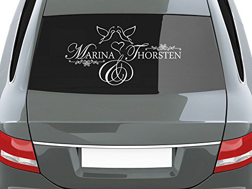Autoaufkleber Hochzeit Namen - Personalisierte Hochzeitsaufkleber mit Herzen Größe 70x36cm weiß