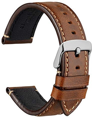 WOCCI 20mm Uhrenarmband für Business Uhren, Pull Up Leder, Polierte Silber Schließe (Gold Braun)