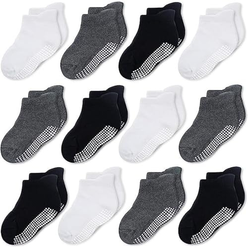 CozyWay Non-Slip Ankle Style Socks Baby Socks Toddler Socks with Grippers, 12 Pack for Baby Boys and Girls, Black White and Dark Gray, 1-3 Years