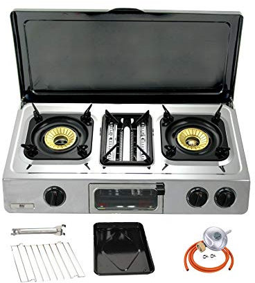 NJ G-87C Portable Camping Gas Stove 2 Burner Grill & Oven Stainless Steel Outdoor BBQ Cover (Butane 29mbar Screw-on)