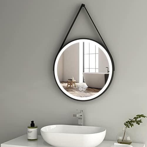 Heilmetz® LED Badspiegel Rund 60 cm, Spiegel mit Beleuchtung, 3 Lichtfarben+Dimmbar+Touch-Schalter, Badezimmerspiegel mit Licht, Band zum Aufhängen, Schwarz Rahmen