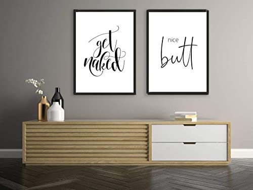 M&M Smartek 2er A3 Poster mit dem Spruch - Nice Butt & Get Naked - lustige Geschenk Zeichen Wand Kunstdruck - Mit oder ohne Rahmen in A3 (Rahmen in schwarz)