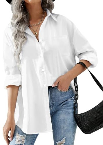 HOTOUCH Womens Button Down Casual Loose Fit Cotton Work Linen Blouse Shirt with Pocket White, Large, Long Sleeve