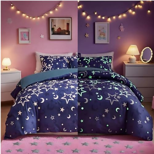 Loussiesd Galaxy Glow in The Dark Duvet Cover for Girls Kids King Blue Universe Starry Night Bedding Set Super Soft Outer Space Stars Moon Comforter Cover Set Glow