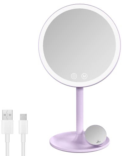 EMKE Kosmetikspiegel mit Beleuchtung Wiederaufladbarer Tischspiegel Schminkspiegel 1/3x Vergrößerung, Touchschalter und Memory-Funktion, Automatische Abschaltung(Violett)