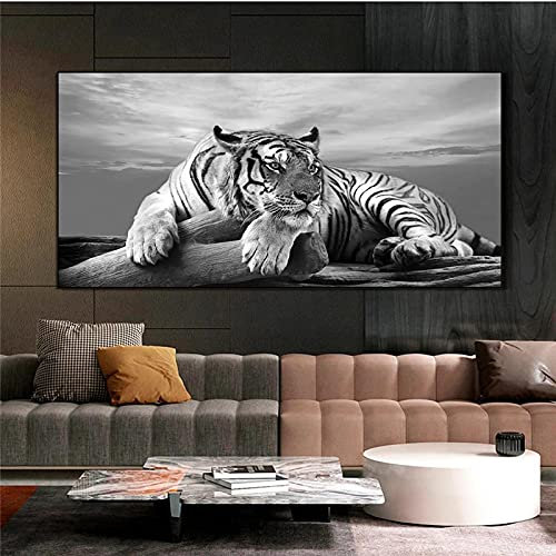 Zhadongli Art Tier Tiger Kunstdrucke Schwarz und Weiß Wandkunst Bilder Leinwand Kunstwerk Abstrakte Tiger Poster Malerei Heimdekoration 60x120cm (24x47in) Rahmenlos