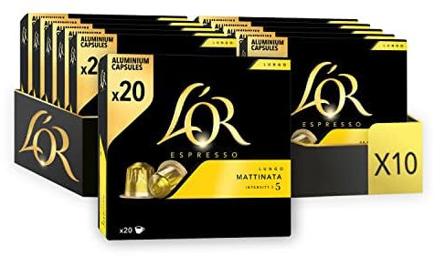L'OR - Café Espresso - Lungo Mattinata - Intensité 5 - Saveurs Chocolat et Agrumes - 10 lots de 20 capsules aluminium