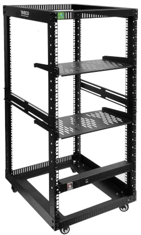 RIVECO - 22U open frame server rack with brake wheels + 19 rail mount PDU (8 outlets) with surge protector + 2 rack shelves set of