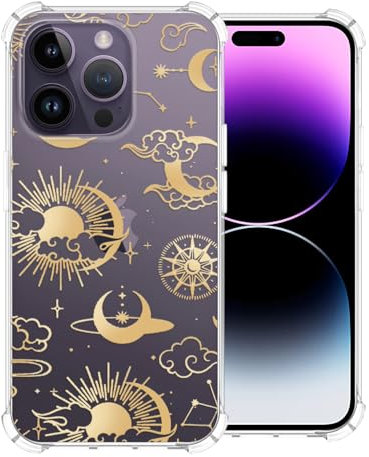 CAROKI iPhone 14 Pro Clear Case, Anti-Yellowing Sun Moon Pattern Bumper Protective Shockproof Soft Silicon Cover for 6.1 2022