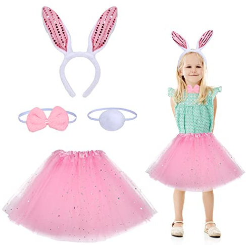 EKKONG 4 Stück Hasenkostüm Set, Hase Kostüm Kinder, Kinder Hasenohren Haarreif, Rosa Tutu mit Hasenohren Schwanz Schleife, für Ostern Kostümparty