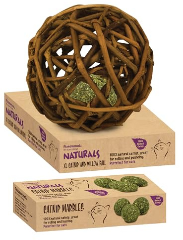 Rosewood Naturals Catnip Bundle for Cats - Includes Natural Catnip Marbles and XL Willow Ball, Promotes Play, Exercise and Healthy Activity for Indoor and Outdoor Cats