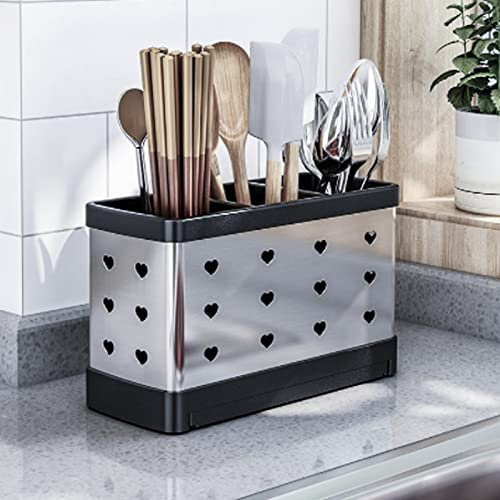 Hosoncovy Countertop Cutlery Drying Holder Cutlery Drainer Tableware Holder Box Tabletop Separated Fork Chopstick Kitchen Storage Cutlery Utensil Organizer (Silver)