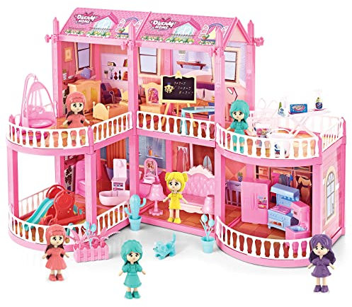 deAO Puppenhaus Traumhaus für Mädchen, 150 Stück Dollhouse Stadthaus mit 2 Etagen 6 Spielzeugfiguren und Möbelstücken Zubehör, Spielhaus Spielraum Puppen Spielzeug für Kinder ab 3 Jahren