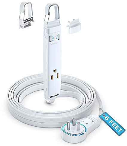 360 Degree Rotating Flat Extension Cable with USB Ports and Removable Hook, 6 Feet (16 Gauge) White Extension Cable UL Listed