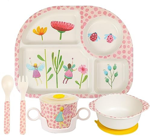 Greentainer Kindergeschirr set aus melamin, 6er Sturzfest Geschirr Set- Baby Menü Tablett, Kinderschüssel mit Saugnapf, Becher mit deckel,Löffel, Gabel für Kinder, ab 6 Monaten,Spülmaschinenfest