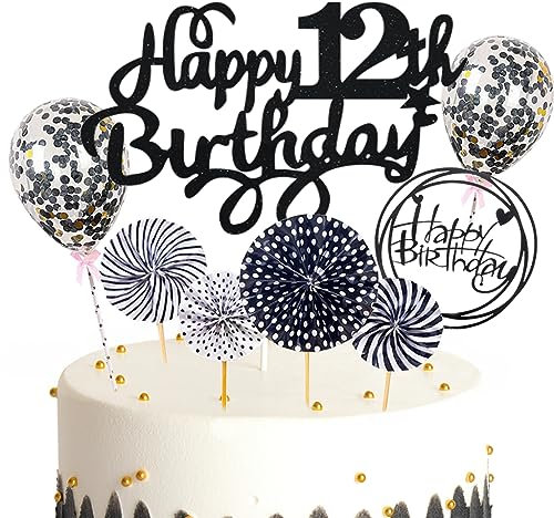 Feelairy Tortendeko 12. Geburtstag Mädchen Jungen, Schwarz Kuchen Deko 12. Geburtstag Mädchen Jungen Cake Topper Happy Birthday Ballon Konfetti für Geburtstagstorte Deko 12 Jahre Kinder