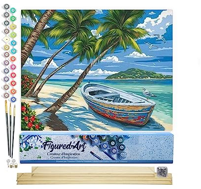 Figured'Art Peinture par Numéro Adulte Barque sous les Cocotiers - Activité Manuelle Kit de Loisir Créatif DIY Numéro d'Art Complet - 40x50cm avec châssis en bois à monter