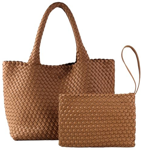 Gewebte Tragetasche für Frauen, veganes Leder, handgewebte Taschen mit kleiner, handgefertigter Geldbörse, große Reise-geflochtene Handtaschen mit Tragegriff oben, Braun, Klassische handgefertigte