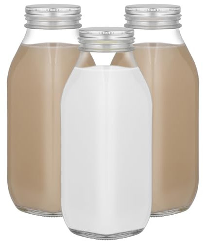 Widousy 3 Pack 16Oz/500ml Glass Milk Bottles with Lid, Reusable Milk Container for Refrigerator, Bottles for Juice, Oat or Plant Milks, Water, Honey