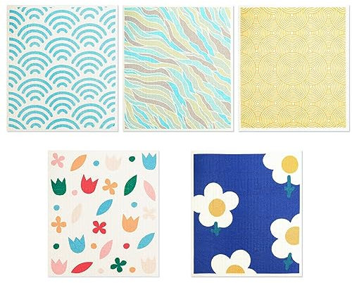 JEBBLAS Paños de cocina suecos, toallas de papel reutilizables, paños de esponja de celulosa sin arañazos, toallas de papel superabsorbentes, sin olor, biodegradables, secado rápido, paquete de 5