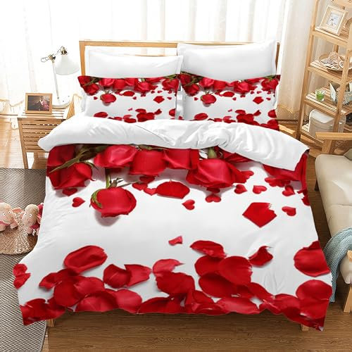 HZVRTN Bettwäsche 3D Rot Rose Bettbezug Set mit Reißverschluss und 2 Kissenbezug, Mikrofaser Kreative Rose Bettwäsche Set 3 Teilig für Erwachsene Kinder (Fallende Rosen, 135x200cm)