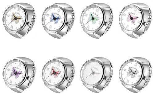 JewelryWe Ringuhr Fingeruhr Elastisch Schmetterling - 8pcs Damen Analog Quarz Fingerringuhr Ring Uhr Uhrenring mit Schmetterling Römischen Ziffern Zifferblatt und Silber Legierung Elastisch Band