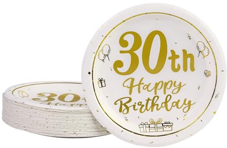 AHPYEUHK 30th Birthday Paper Plates 7 Party Dessert Plates 50 pcs White and Gold 30th Decorations Disposable Tableware Party Supplies
