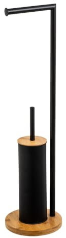 LOLAhome - Portarrollos de Papel higiénico sin Taladro de 73 cm de Metal Negro con escobilla de baño para WC y escobillero Redondo Negro y Base de bambú