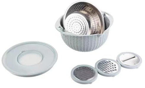 4-1 Colander mit Mischschüssel Set,Edelstahl Salatschleuder Reissieb,Salatschleuder,Lebensmittelsiebe und -siebe mit Schneidwerkzeugen,Pasta Sieb,Gemüsewaschmaschine,Obstreiniger,Home Essential(Blau)