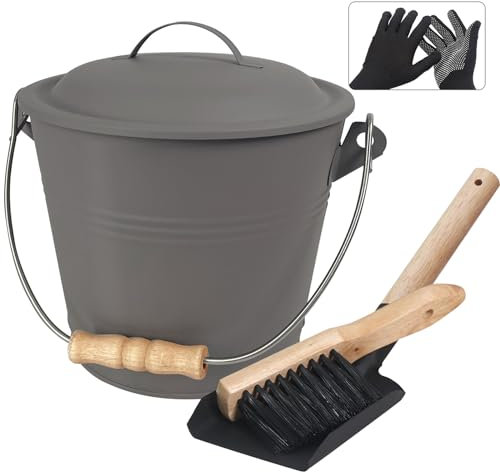 BRIAN & DANY Ascheeimer mit Deckel, Feuerfest Runder Kohleeimer für Kamine, 5L Eimer mit Schaufel und Handbesen, Werkzeugset Zubehör für Feuerstelle, Holzofen, Grau