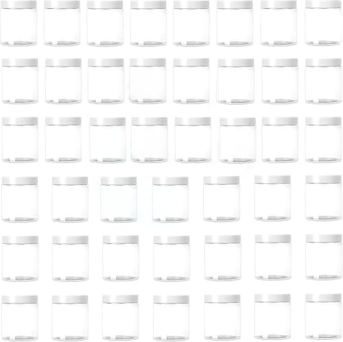 YUENPUN Lot de 30 petits pots de rangement ronds en plastique transparent avec couvercles blancs de 200 ml pour lotion, crème, produits de beauté