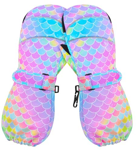 AuSletie Kinder Winter Fäustlinge Wasserdicht Schnee Ski Handschuhe für Mädchen Warme Sherpa Gefüttert Lange Manschette Snowboard Handschuhe 3-10 Jahre, Regenbogen-Meerjungfrau, Medium
