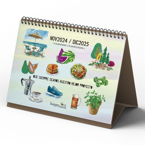 HappyMots Tischkalender 2025, A5, 14 Monate (Nv 2024 - Dez. 2025), Tagesplaner und Seitennotizen, stabile Blätter, schönes Design und motivierende Sprüche, perfekt für Büro oder Schreibtisch