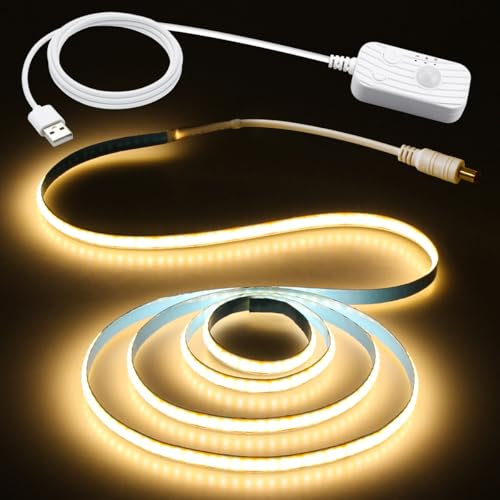 Aclorol COB LED Strip Warmweiß 1M Dimmbar Bewegungsmelder USB 5V Flexibel LED Band Selbstklebend Bewegung Aktiviert für Wohnstube Schlafzimmer Indirekte Beleuchtung unter der Küche 8mm Breit