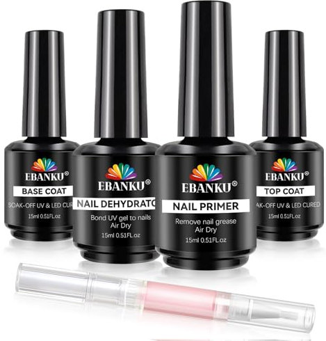 EBANKU Nail Primer and Dehydrator with Gel Top& Base Coat Set, No Lifting Nail Bonding For U V Nail Glue Nail Supplies Primer Glossy Gel nail polish 15ml Top Coat Nail Accessories Starter Kit