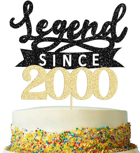 Ephlyn 1Pc Legend Since 2000 Cake Topper Glitter Twenty Five Happy 25th Birthday Cake Pick Hello 25 Cheers to 25 Years Party Decoration for 25th Birthday Anniversary Party Supplies Black Gold