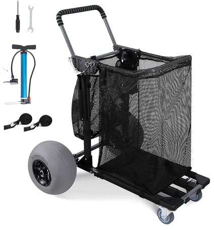 Beach Cart Foldable Fishing Trolley with 12 inch Balloon Wheels for Sand All-Terrain