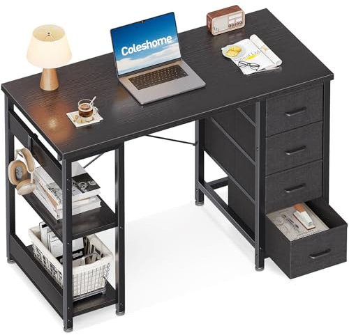 Coleshome Small Computer Desk with Drawers, 100x40cm Office Desk with Storage Shelves, Reversible Study Table for Home Office, Small Space, Black