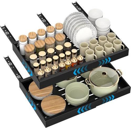 DAYONE 2 Packs Pull Out Cabinet Organizer Black, Carbon Steel 32-52cm Adjustable Slide Out Drawers with Adhesive Nano Film No Drill, Under Sink Pull-Out Drawer Cabinet Storage for Kitchen Home