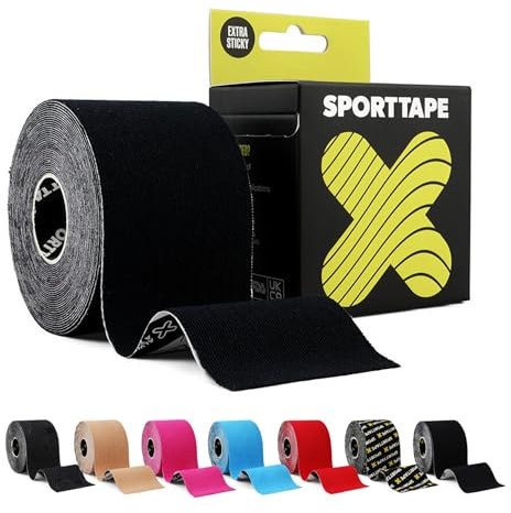 SPORTTAPE Extra Klebriges Kinesiologie-Tape, 5 cm x 5 m – Schwarz | Hypoallergenes, Wasserfestes Sports Tape | Physio Medizinisches Sport-Tape bei Muskelverletzungen, Unterstützung | Ungeschnitten