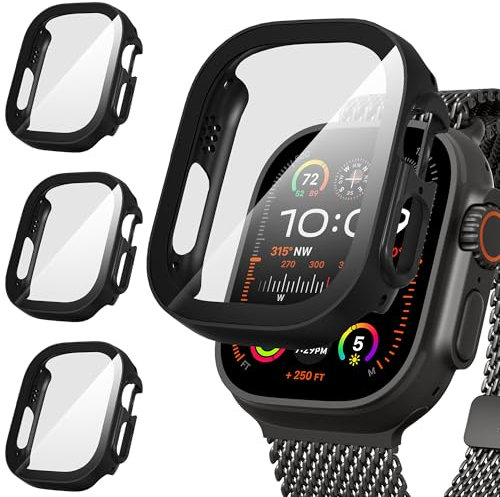 Suoman 3 Stück Hülle für Apple Watch Ultra/Ultra 2 49mm Schutzhülle PC Ultradünne HD Hartglas Glas Kratzfest Displayschutz Case,Schwarz&Schwarz&Schwarz,49mm