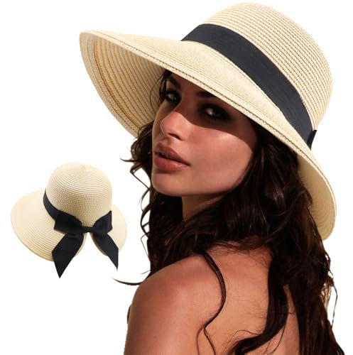 DRESHOW Sonnenhüte für Damen Reise Fedora Faltbarer Strand Sonnenhut Sommer Breite Krempe Stroh Eimer Hut mit Bowknot UPF 50+