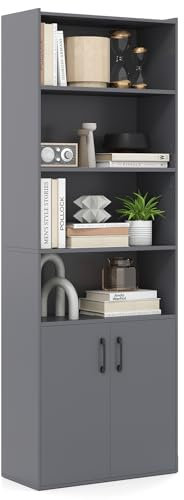 COSTWAY 6-Tier Bookcase, Freestanding Tall Bookshelf Cupboard Storage Organizer with Adjustable Shelf & 2-Door Cabinet, Wooden Display Shelving Unit for Living Room Office (Grey, 62 x 30 x 178cm)