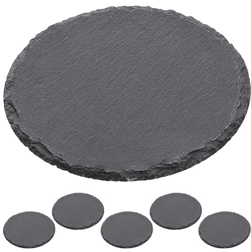 Cepewa Schieferplatte 6er Set | rund Ø15cm Filzschoner | Tischuntersetzer Steinplatte Servierplatte Untersetzer (1 x 6er Set Schieferplatte Ø15cm)